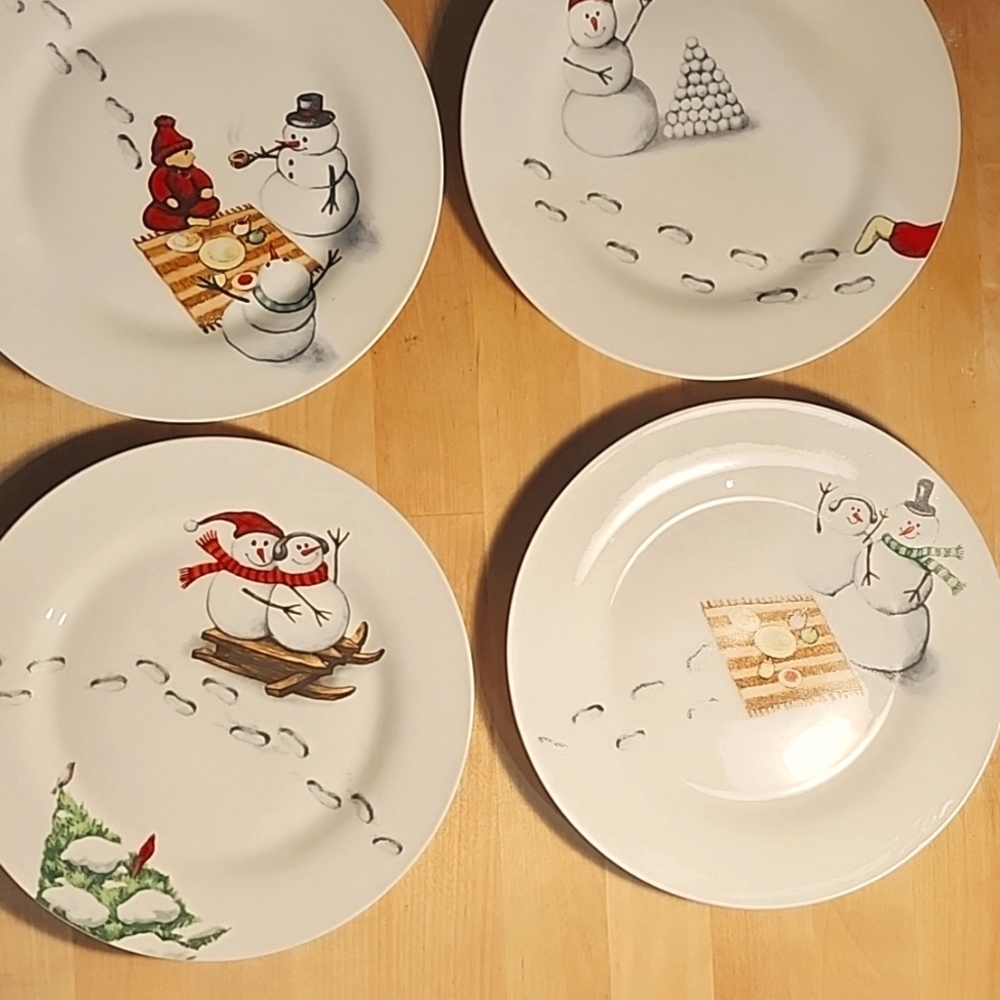 Four "Holiday Magic" Snowman and Kid 8" Dinner Plates by Ashkey Cooper, NIB!